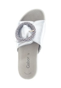 Silver leather slide sandal with a round bead accent on the upper, featuring a flat sole and soft, textured insole. Brand logo visible.