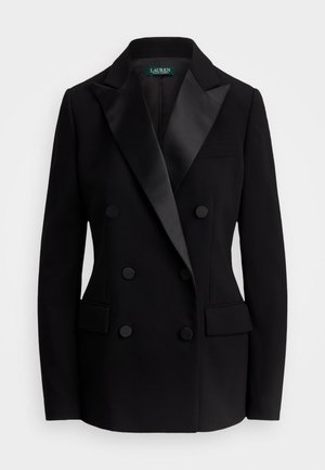 Blazer nero doppiopetto con rever in satin. Presenta due tasche frontali e bottoni neri arrotondati. Tessuto in misto lana liscia.