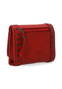 Red leather wallet with a zip closure, studded accents along one side, compact design, and a smooth texture.