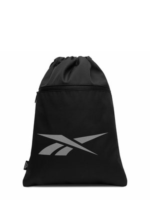 Czarna torba Reebok z regulowanym sznurkiem, przednią kieszenią na zamek i dużym odblaskowym logo Reebok.