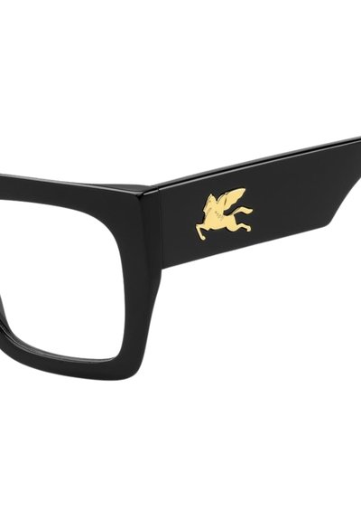 Occhiali rettangolari neri con finitura lucida, caratterizzati da un emblema dorato a forma di cavallo alato sul tempio. Design con montatura spessa.