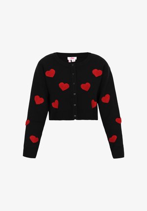 Sort cropped cardigan med røde hjerteformede udsmykninger, lange ærmer og knaplukning foran. Blød tekstur.