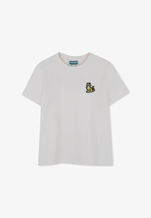 Witte katoenen t-shirt met korte mouwen, voorzien van een gele en zwarte geborduurde tijgerontwerp op de linkerkant van de borst. Ronde halslijn.