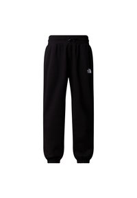 Svarte joggebukser laget av mykt stoff, med elastisk linning med snor, ribbestrikkede mansjetter og en liten logo på venstre lår.