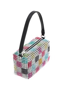 Borsa rettangolare coperta di strass multicolori, dotata di manico in pelle nera e chiusura con zip. Texture liscia e superficie lucida.