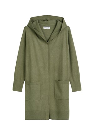 Cardigan à capuche vert olive en tricot doux, avec des manches longues, deux poches avant et une coupe décontractée. Design minimaliste et texture subtile.