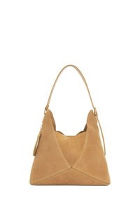 Tan suede handbag with a unique triangular shape, featuring a single shoulder strap and subtle stitched accent details.