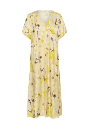 Kleid mit floralem Muster in Gelb und braunen Akzenten. Es hat einen V-Ausschnitt, kurze Ärmel und eine fließende Silhouette aus leichtem Stoff.