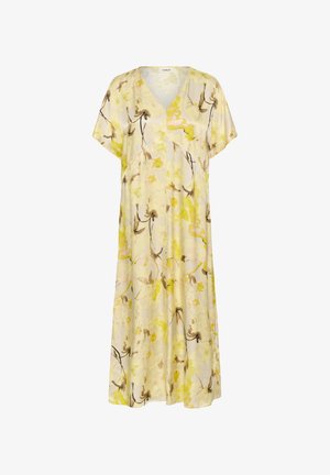 Kollane lilleline kleit pruunide aktsentidega. Omab V-kaelust, lühikesi varrukaid ja voolavat siluetti kerge materjali sisse.