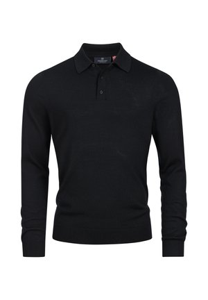 Zwarte langslavige poloshirt gemaakt van zachte stof, met een kraag, een drie-knopen placket en geribbelde manchetten en zoom.