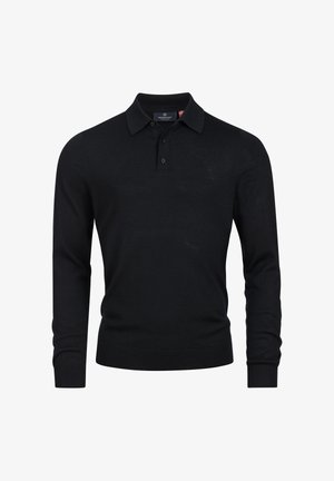 Polo shirt nero a maniche lunghe realizzato in tessuto morbido, con colletto, patta con tre bottoni e polsini e orlo a coste.