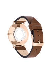 Braunes Lederarmbanduhr mit einem Gehäuse aus roségoldfarbenem Edelstahl. Rundes Design, glatte Textur und minimalistisches Design. Verfügt über einen transparenten Gehäuseboden.