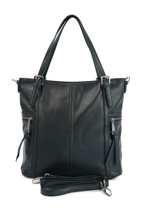Schwarze Leder-Shopper-Tasche mit strukturiertem Finish, ausgestattet mit zwei oberen Griffen und zwei äußeren Reißverschlusstaschen. Inklusive abnehmbarem Schultergurt.