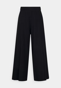 Pantalon noir à jambes larges avec une texture côtelée, doté d'une taille élastique et d'une silhouette fluide, idéal pour le confort et la polyvalence.