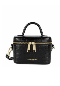 Borsa nera con pattina a coccodrillo, dotata di hardware dorato, doppia cerniera, maniglia superiore e tracolla removibile, con logo impresso.
