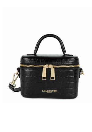 Borsa nera con pattina a coccodrillo, dotata di hardware dorato, doppia cerniera, maniglia superiore e tracolla removibile, con logo impresso.