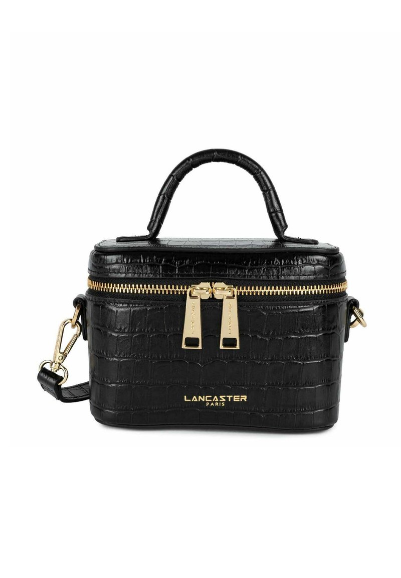 Borsa nera con pattina a coccodrillo, dotata di hardware dorato, doppia cerniera, maniglia superiore e tracolla removibile, con logo impresso.