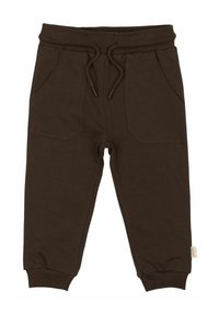 Bruine katoenen sweatpants met een elastische tailleband, verstelbaar trekkoord, twee zijzakken en ribgebreide boorden. Glad van textuur zonder patronen.