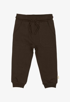 Pantaloni da ginnastica in cotone marrone con vita elasticizzata, cordino regolabile, due tasche laterali e polsini a coste. Texture liscia senza motivi.