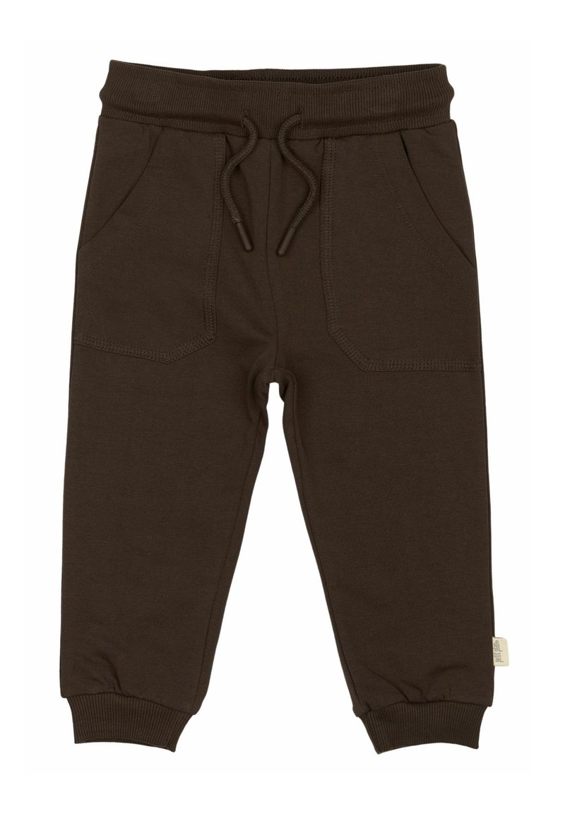 Bruine katoenen sweatpants met een elastische tailleband, verstelbaar trekkoord, twee zijzakken en ribgebreide boorden. Glad van textuur zonder patronen.