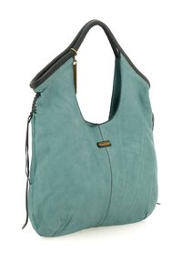 Borsa a spalla in morbida pelle color turchese con forma arrotondata, rifiniture grigio scuro, nappine laterali e piccola placca rettangolare del marchio sul davanti.