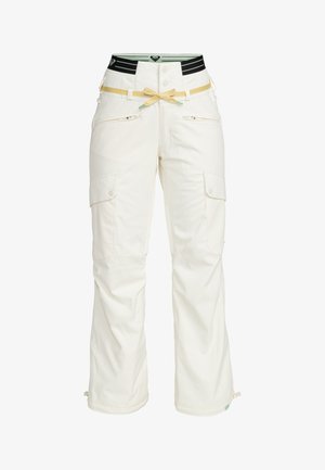 Weiße Cargo-Hosen mit Kordelzug und Taschen, aus einem strukturierten Stoff. Der Bund hat schwarze und grüne Streifen mit gelben Akzenten.