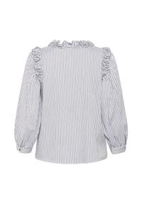 Striped blouse featuring ruffled shoulders, long puffed sleeves, and a round neckline. Made from lightweight fabric with a relaxed fit.