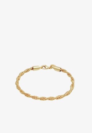 Guld snoet kædearmbånd med en lobster clasp-lukning; har en glat overflade og et ensartet spiraldesign i hele armbåndet.
