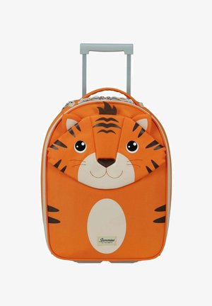 Orange children's trolley suitcase with a smiling tiger face design and gray extendable handle.