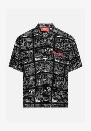 Kratka majica s kratkimi rokavi in gumbi, črna barva s belimi vzorci stripov, ki vsebujejo rdeč logotip "Tom in Jerry". Lahka tkanina, sproščen kroj.