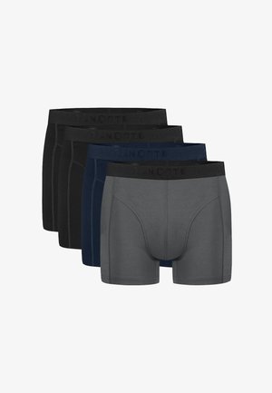 Vijf paren boxershorts in zwart, marineblauw en grijs. Kenmerken een zachte tailleband met reliëfbranding en een gladde, ademende stof.