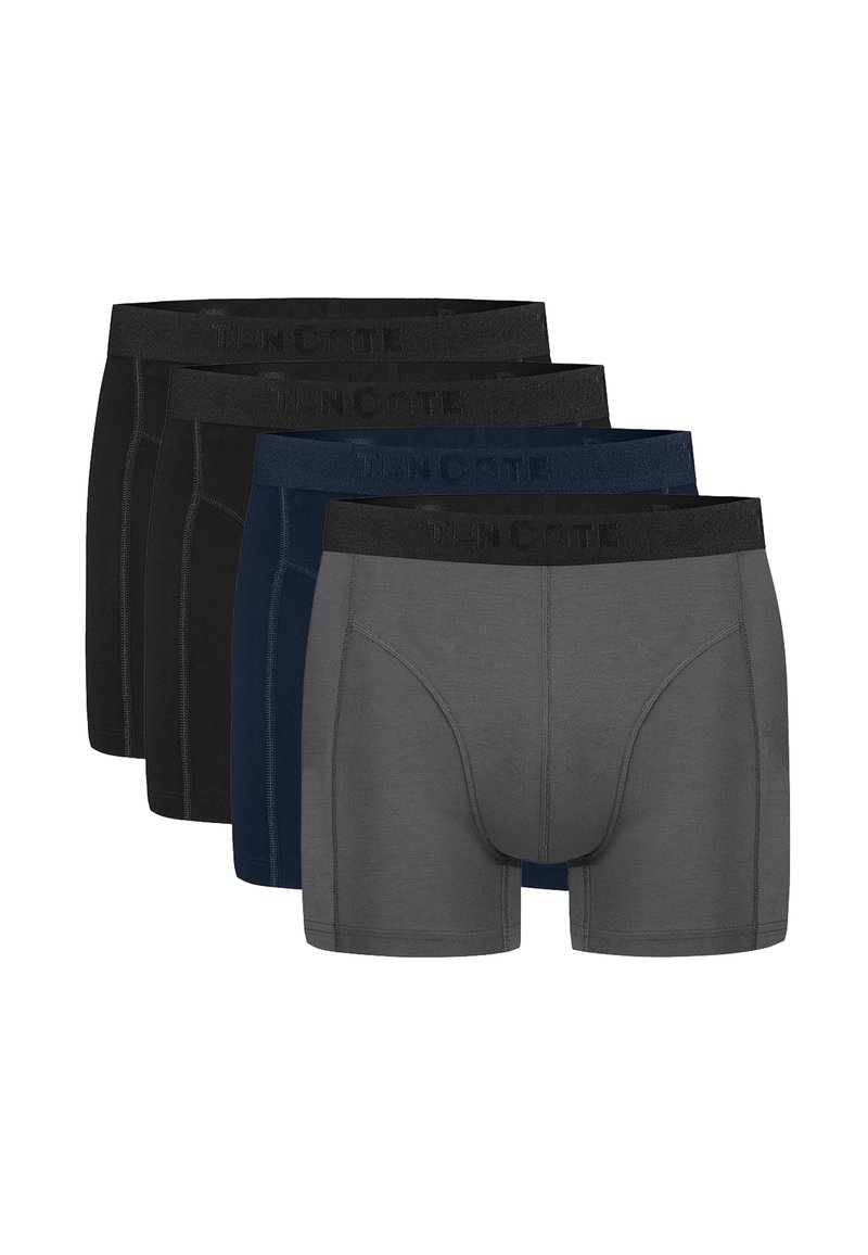 Cinq paires de boxers en noir, bleu marine et gris. Design avec une ceinture douce portant un logo en relief et un tissu lisse et respirant.