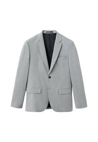 Lichtgrijs colbert met één rij knopen, voorzien van klepzakken aan de voorkant, een borstzak met bies, een zwarte knoop en een belegde binnenvoering.