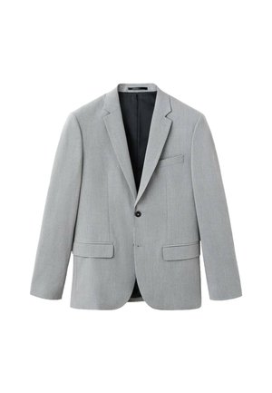 Jasnoszara marynarka jednorzędowa z wciętymi klapami, jednym czarnym guzikiem, dwoma przednimi kieszeniami z patkami oraz kieszenią na piersi, wyłożona od środka podszewką.