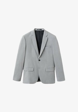 Blazer grigio chiaro monopetto con risvolti a lancia, un bottone nero, due tasche frontali con pattina e una tasca sul petto a filetto, foderato internamente.