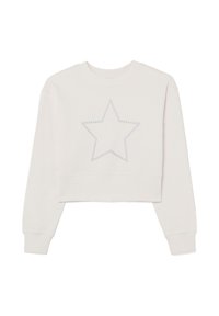 Gekürzter Sweatshirt in hellem Creme mit rundem Ausschnitt und langen Ärmeln, mit einem Sternenmuster aus kleinen, glänzenden Perlen auf der Vorderseite.