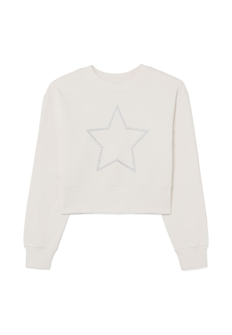 Gekürzter Sweatshirt in hellem Creme mit rundem Ausschnitt und langen Ärmeln, mit einem Sternenmuster aus kleinen, glänzenden Perlen auf der Vorderseite.