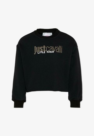 Zwarte cropped sweatshirt met lange mouwen, met goudkleurige studs "just cavalli" en witte tekst "LITTLE ROGUE" op de borst.