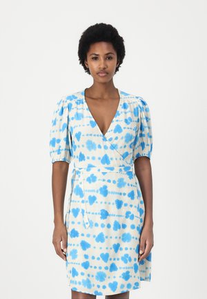 Wrap dress in cream with blue tie-dye pattern, featuring short puff sleeves, a V-neckline, and a waist tie for adjustable fit.