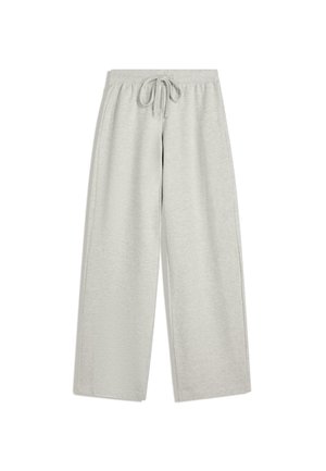 Light gray, wide-leg pants made of soft cotton blend fabric, featuring an elastic waistband with a drawstring and no visible patterns.