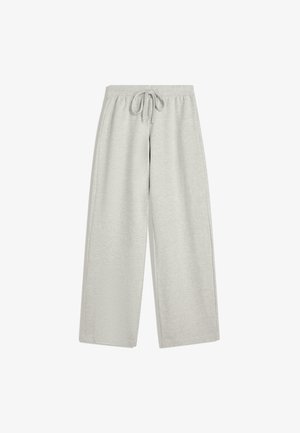 Light gray, wide-leg pants made of soft cotton blend fabric, featuring an elastic waistband with a drawstring and no visible patterns.