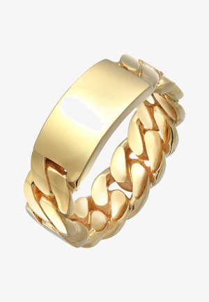 Armband aus goldfarbenem Metall mit einer breiten, glatten zentralen Platte und ineinander greifenden Kettengliedern, polierte Oberfläche und reflektierendes Finish.
