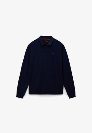 Polo a maniche lunghe di colore blu navy realizzato in tessuto morbido, con colletto classico e polsini a costine, dotato di un piccolo logo sul petto.