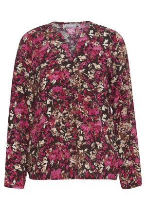 Bloes met lange mouwen in bloemenprint op een bruine achtergrond. Bevat rozen, mauve en crèmekleurige bloemen. V-hals en zachte stof met een losse pasvorm.