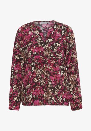 Hosszú ujjú virágmintás blúz barna alapon. Rózsaszín, mályva és krém színű virágokkal díszített. V kivágású és puha anyagú, laza fazonú.