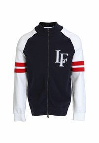 Marinefarbener Zip-Überziehjacke mit weißen Ärmeln; verfügt über rote Streifen an den Ärmeln und ein gesticktes Logo auf der Brust. Hergestellt aus weichem Stoff.