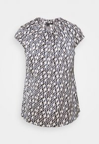 Bluza z poliestru z okrągłym dekoltem, krótkimi rękawkami typu cap i wzorem niebieskich i kremowych liści. Posiada delikatną plisę przy dekolcie.