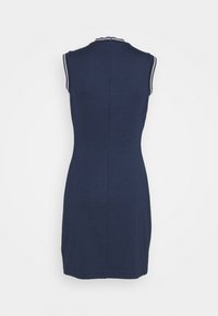 Sleeveless navy blue dress with white striped trim on collar and armholes, fitted silhouette, shown from the back on white background.