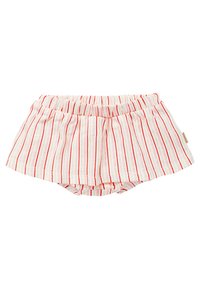 Röda och vita randiga shorts med veck, elastisk midja och bomullsmaterial. Shortsen har en lätt, avslappnad design.