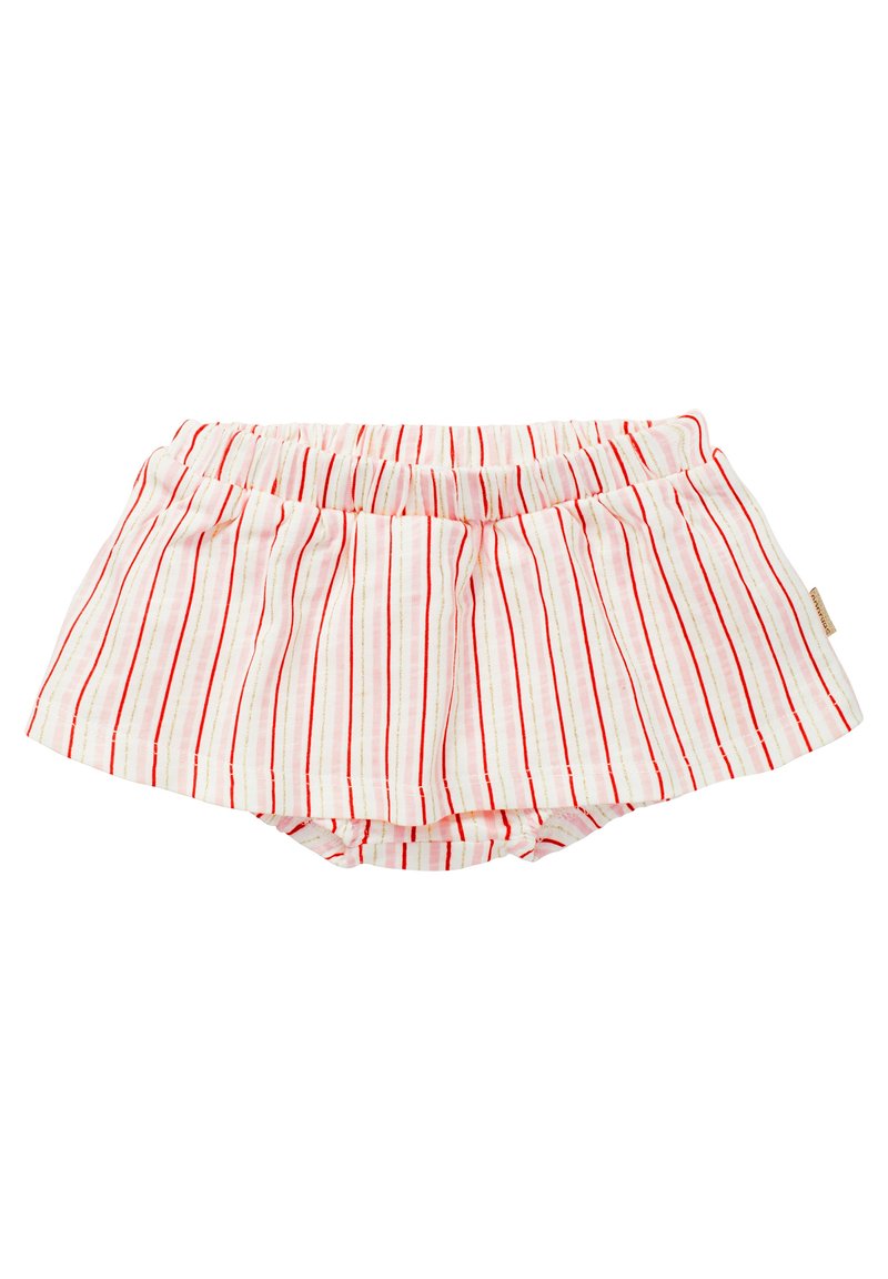 Röda och vita randiga shorts med veck, elastisk midja och bomullsmaterial. Shortsen har en lätt, avslappnad design.